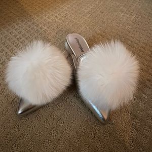 Jeffrey Campbell leather and fur puff slide